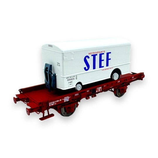 [HO] : Wagon UFR monoporteur brun UIC + Remorque frigo « STEF », SNCF, Ep. IV – WB652