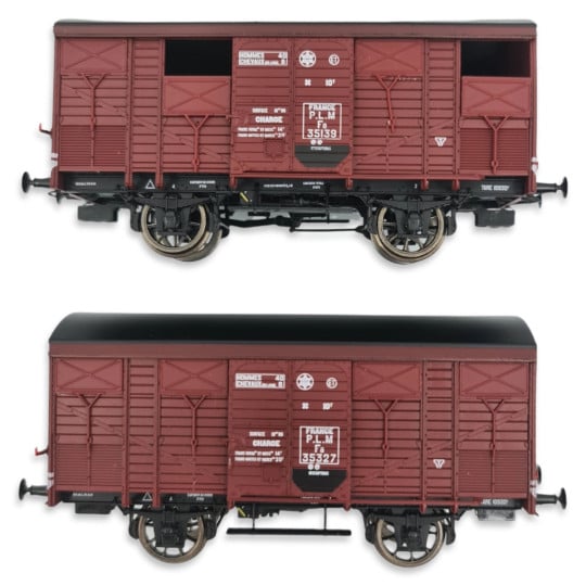 [HO] : Coffret de 2 wagons ex-couverts primeurs 20t, livrée rouge Sideros, PLM, Ep. II - WB735