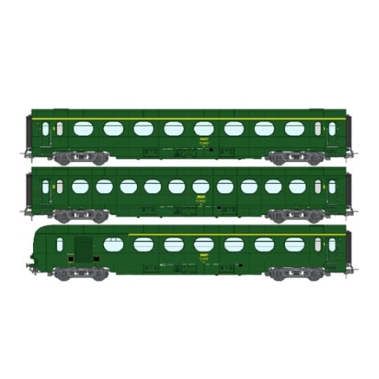 [HO] : Set de 3 voitures allégées ÉTAT « Saucisson » A8, B10 et A6d, vert 301, SNCF Ep. IV (Nouveaux N° de voitures) – VB499