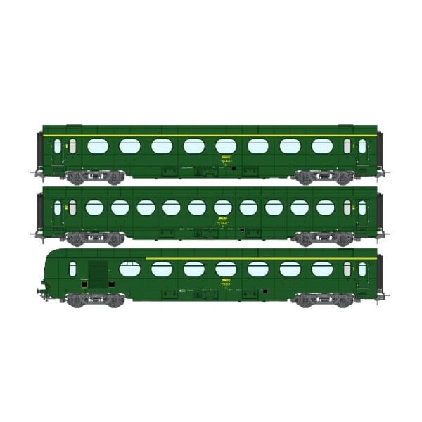 [HO] : Set de 3 voitures allégées ÉTAT « Saucisson » A8, B10 et A6d, vert 301, SNCF Ep. IV (Nouveaux N° de voitures) – VB499