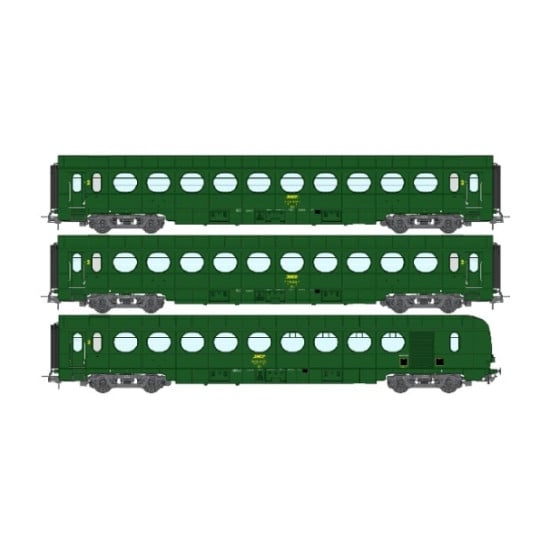 [HO] : Set de 3 voitures allégées ÉTAT « Saucisson » B10, B10 et B5d, vert 301, SNCF Ep. IV (Nouveaux N° de voitures) – VB500