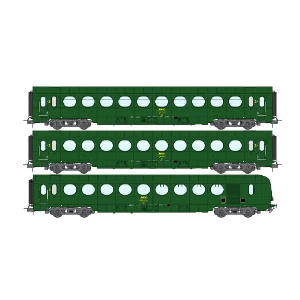 [HO] : Set de 3 voitures allégées ÉTAT « Saucisson » B10, B10 et B5d, vert 301, SNCF Ep. IV (Nouveaux N° de voitures) – VB500