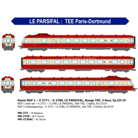 [HO] :  Rame RGP 1 à 3 éléments - X2771 - X2780, Le PARSIFAL, Rouge TEE, 3 feux, Ep.III-IV - ANALOGIQUE - MB273