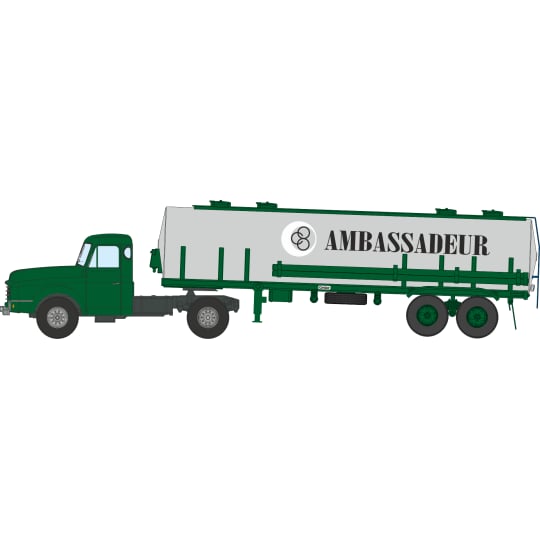 Véhicule [HO] : Camion Willeme tracteur couchette + Remorque citerne type Kangourou « AMBASSADEUR » – CB190