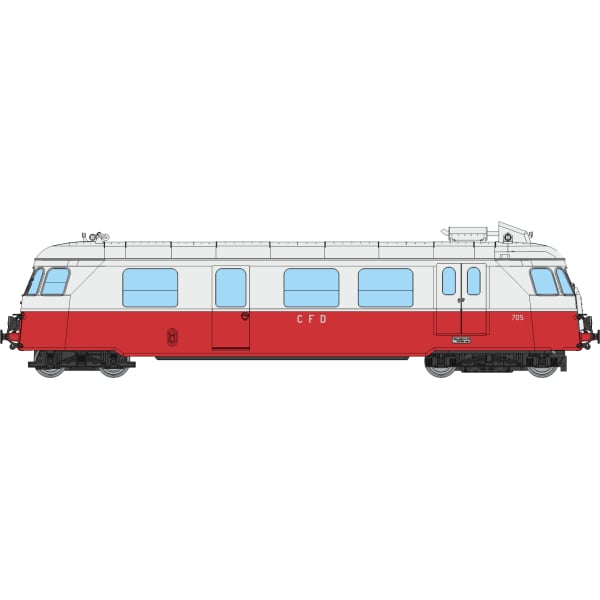 [HOe/HOm] : Autorail A80 D1 à caisse étroite des CFD N°705, 1 phare, Rouge/gris Perle, ANALOGIQUE, Ep.III - VM058