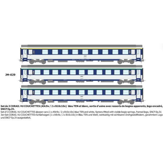[HO] : Set de 3 voitures CORAIL (A9c9x / B10c10x) logo encadré - ressort d'origine Ep.IV - REE JM029