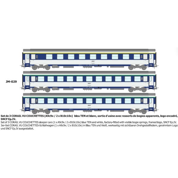 [HO] : Set de 3 voitures CORAIL (A9c9x / B10c10x) logo encadré - ressort d'origine Ep.IV - REE JM029