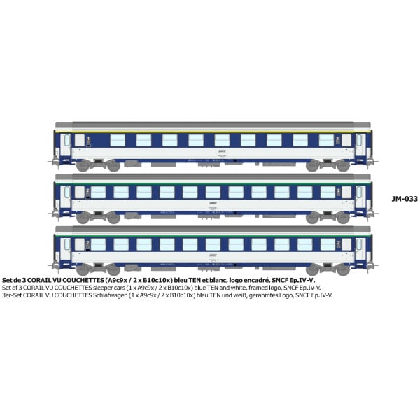 [HO] : Set de 3 voitures CORAIL (A9c9x / 2x B10c10x) bleu TEN blanc, logo encadré Ep.IV - REE JM033