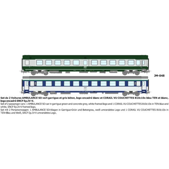 [HO] : Set de 2 Voitures AMBULANCE (COUCHETTE et CORAIL B10c10x) vert/gris logo encadré blanc Ep.IV-V - REE JM048