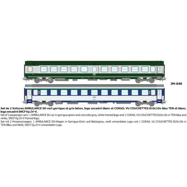 [HO] : Set de 2 Voitures AMBULANCE (COUCHETTE et CORAIL B10c10x) vert/gris logo encadré blanc Ep.IV-V - REE JM048