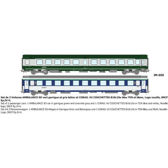 [HO] : Set de 2 Voitures (AMBULANCE et CORAIL B10c10x) vert/gris logo nouille Ep.IV-V - REE JM050