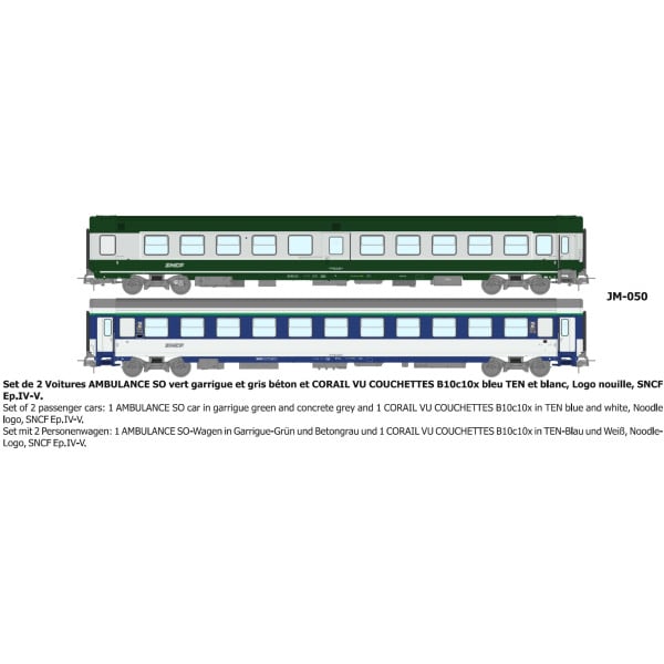 [HO] : Set de 2 Voitures (AMBULANCE et CORAIL B10c10x) vert/gris logo nouille Ep.IV-V - REE JM050