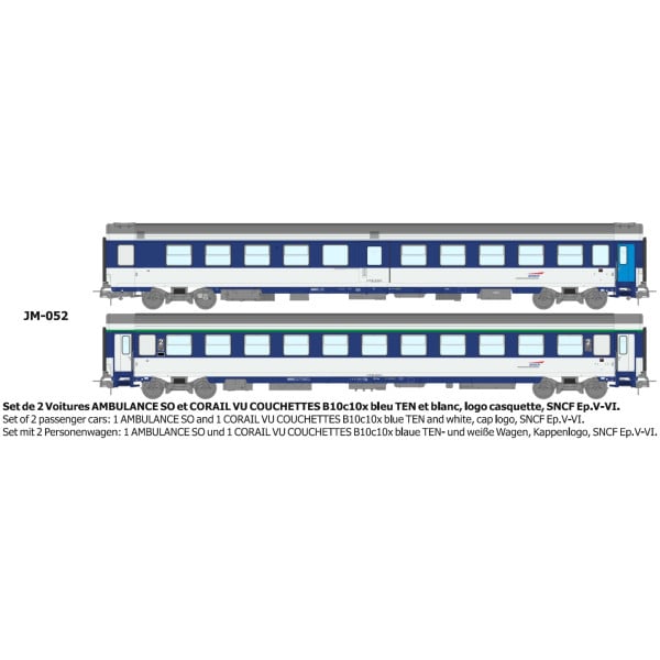 [HO] : Set de 2 Voitures (AMBULANCE et CORAIL B10c10x) bleu/gris logo casquette Ep.V-VI - REE JM052