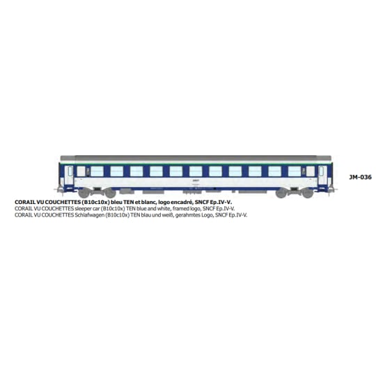 [HO] : Voiture CORAIL B10c10x, bleu TEN blanc,logo encadré - SNCF, Ep.IV - REE JM036