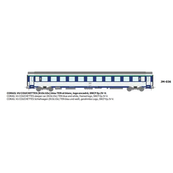 [HO] : Voiture CORAIL B10c10x, bleu TEN blanc,logo encadré - SNCF, Ep.IV - REE JM036