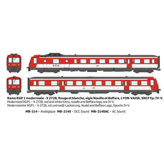 [HO] : Rame RGP 1 modernisée - X2728, Rouge et blanche, sigle Nouille et Beffara, LYON-VAISE, SNCF Ep.IV-V - ANALOGIQUE - MB214