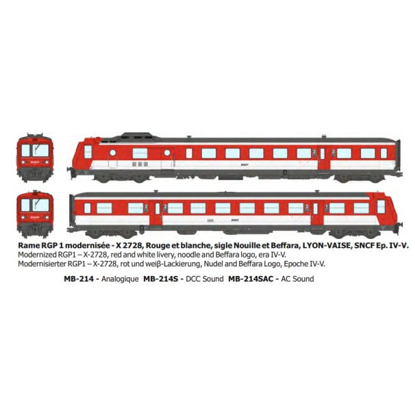 [HO] : Rame RGP 1 modernisée - X2728, Rouge et blanche, sigle Nouille et Beffara, LYON-VAISE, SNCF Ep.IV-V - DCC - MB214S