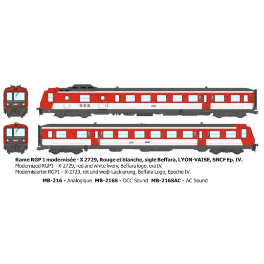 [HO] : Rame RGP 1 modernisée - X 2729, Rouge et blanche, sigle Beffara, LYON-VAISE, SNCF Ep. IV - DIGITAL SOUND - MB216S