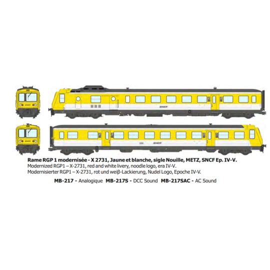 [HO] : Rame RGP 1 modernisée - X 2731, Jaune et blanche, sigle Nouille, METZ, SNCF Ep. IV-V - ANALOGIQUE - MB217