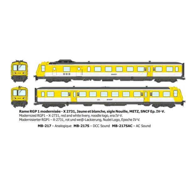 [HO] : Rame RGP 1 modernisée - X 2731, Jaune et blanche, sigle Nouille, METZ, SNCF Ep. IV-V - ANALOGIQUE - MB217