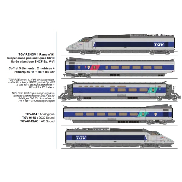[HO] : TGV RENOV 1 Rame n°91 Suspensions pneumatiques SR10 livrée atlantique SNCF Ep. V-VI - DCC 3 RAILS - TGV014SAC