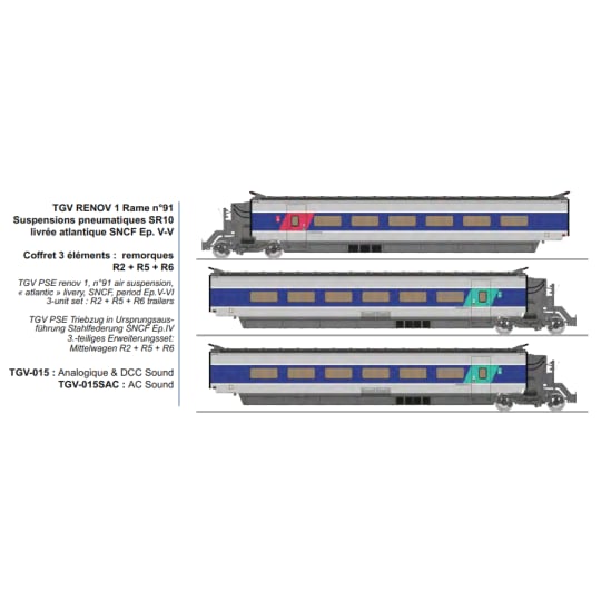[HO] : TGV RENOV 1 Rame n°91 Suspensions pneumatiques SR10 livrée atlantique SNCF Ep. V-V - DCC SOUND 3 RAILS - TGV015SAC
