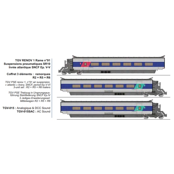 [HO] : TGV RENOV 1 Rame n°91 Suspensions pneumatiques SR10 livrée atlantique SNCF Ep. V-V - DCC SOUND 3 RAILS - TGV015SAC