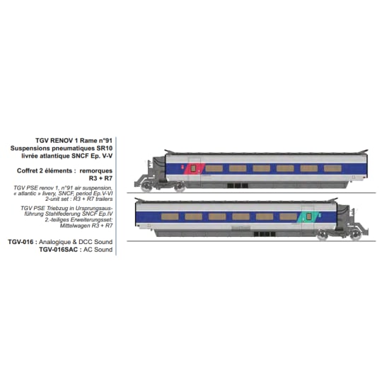 [HO] : TGV RENOV 1 Rame n°91 Suspensions pneumatiques SR10 livrée atlantique SNCF Ep. V-V - DCC SOUND 3 RAILS - TGV016SAC