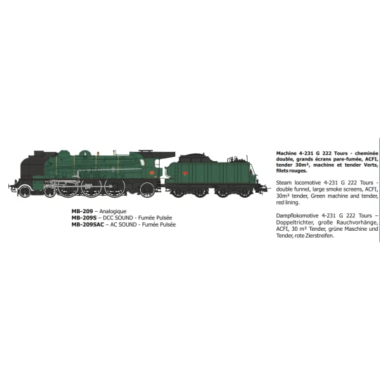 [HO] : Locomotive à vapeur 4-231 G 222, Tours, Verte - Ep.III - DCC 3 rails - MB209SAC