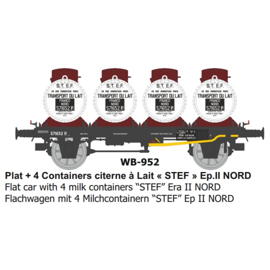 [HO] : Wagon Plat + 4 Containers citerne à Lait « STEF » Ep.II NORD - WB952