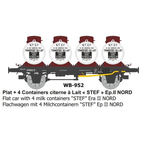 [HO] : Wagon Plat + 4 Containers citerne à Lait « STEF » Ep.II NORD - WB952