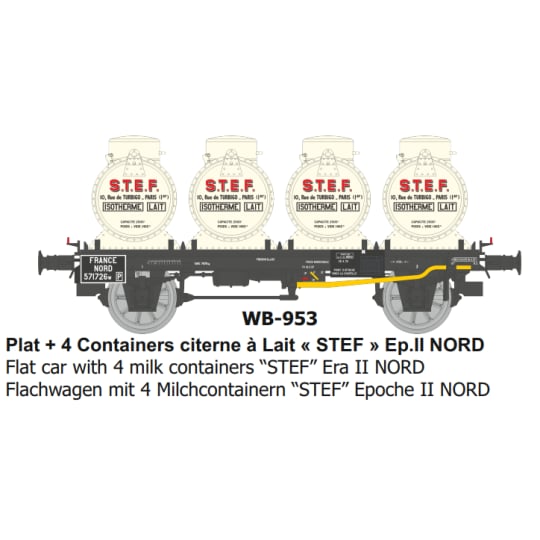 [HO] : Wagon Plat + 4 Containers citerne à Lait « STEF » Ep.II NORD - WB953