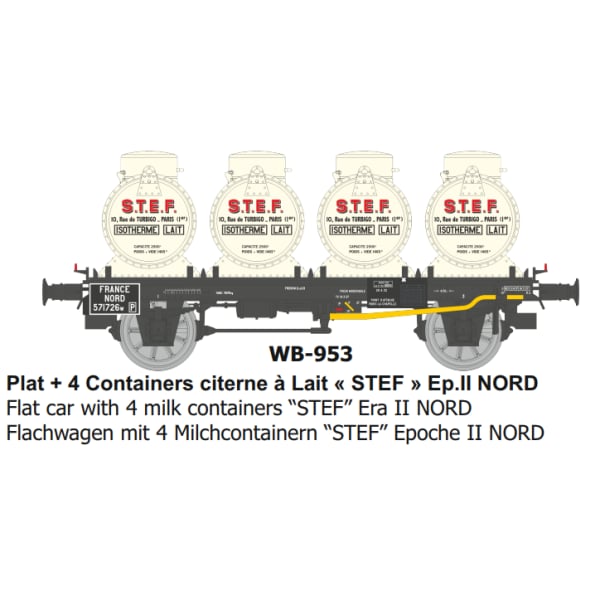 [HO] : Wagon Plat + 4 Containers citerne à Lait « STEF » Ep.II NORD - WB953