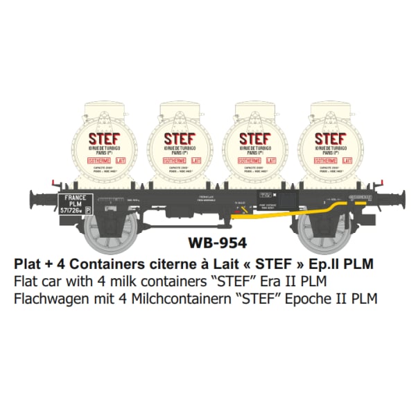 [HO] : WAGON Plat + 4 Containers citerne à Lait « STEF » Ep.II PLM - WB954