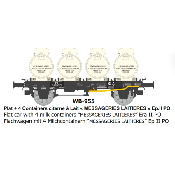 [HO] : Wagon Plat + 4 Containers citerne à Lait « MESSAGERIES LAITIERES » Ep.II PO - WB955