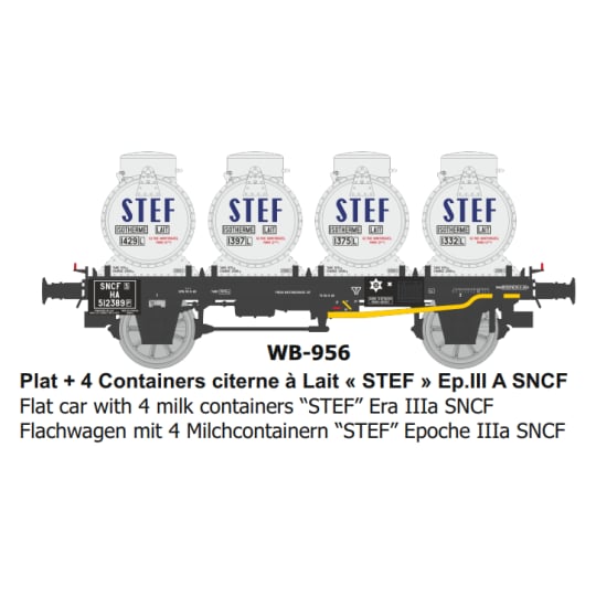[HO] : Wagon Plat + 4 Containers citerne à Lait « STEF » Ep.III A SNCF - WB956