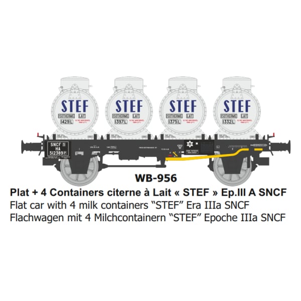 [HO] : Wagon Plat + 4 Containers citerne à Lait « STEF » Ep.III A SNCF - WB956
