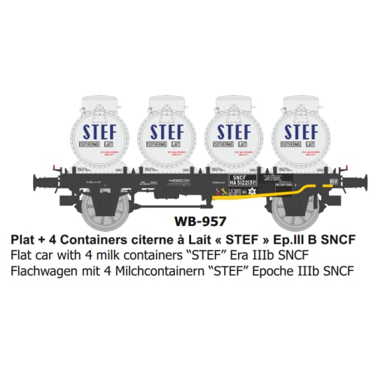 [HO] : Wagon Plat + 4 Containers citerne à Lait « STEF » Ep.III B SNCF - WB957