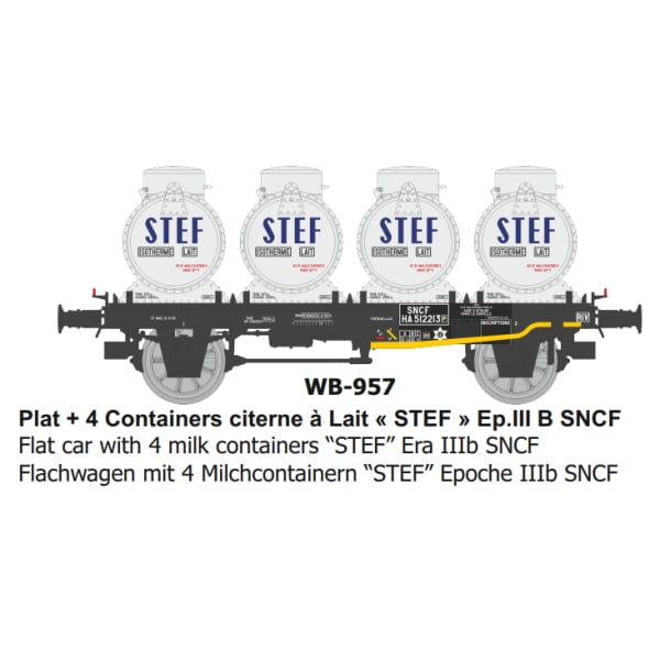 [HO] : Wagon Plat + 4 Containers citerne à Lait « STEF » Ep.III B SNCF - WB957