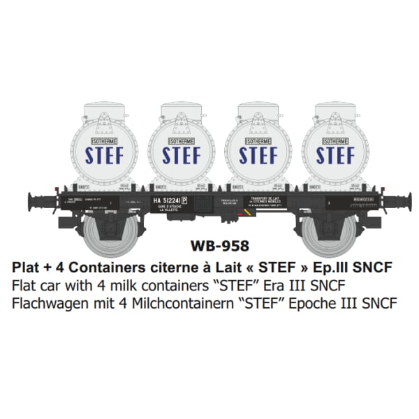 [HO] : Wagon Plat + 4 Containers citerne à Lait « STEF » Ep.III SNCF - WB958