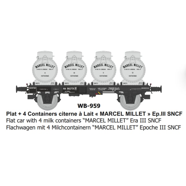 [HO] : Wagon Plat + 4 Containers citerne à Lait « MARCEL MILLET » Ep.III SNCF - WB959