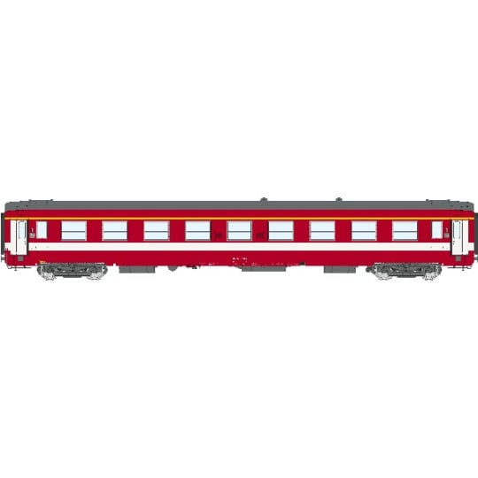 [HO] : Voiture A9 ex-Capitole 1/2 cartouche corail, bande jaune, portes blanches, SNCF Ep. IV – VB488