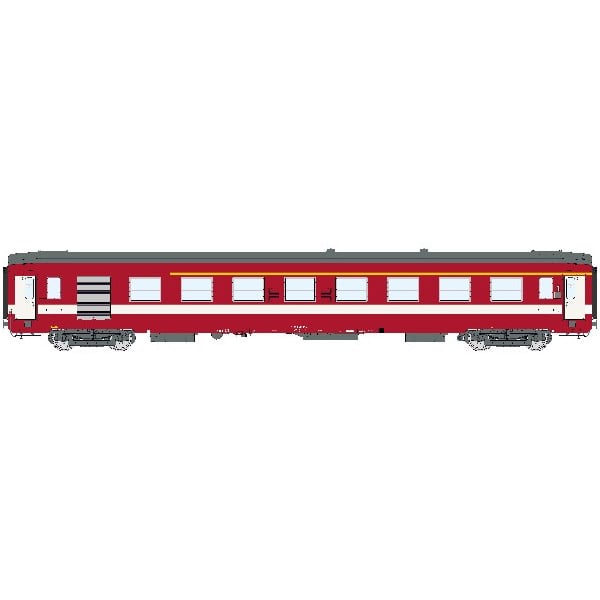 [HO] : Voiture A7D Livrée Rouge ex-Capitole, bande jaune, porte blanche, frein magnétique, SNCF Ep. IV – VB489